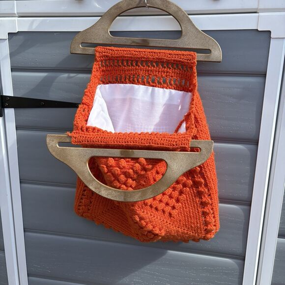 Vintage Hand-Made Crocheted Orange Purse Lined with Coin Purse/Makeup Holder - Picture 2 of 5